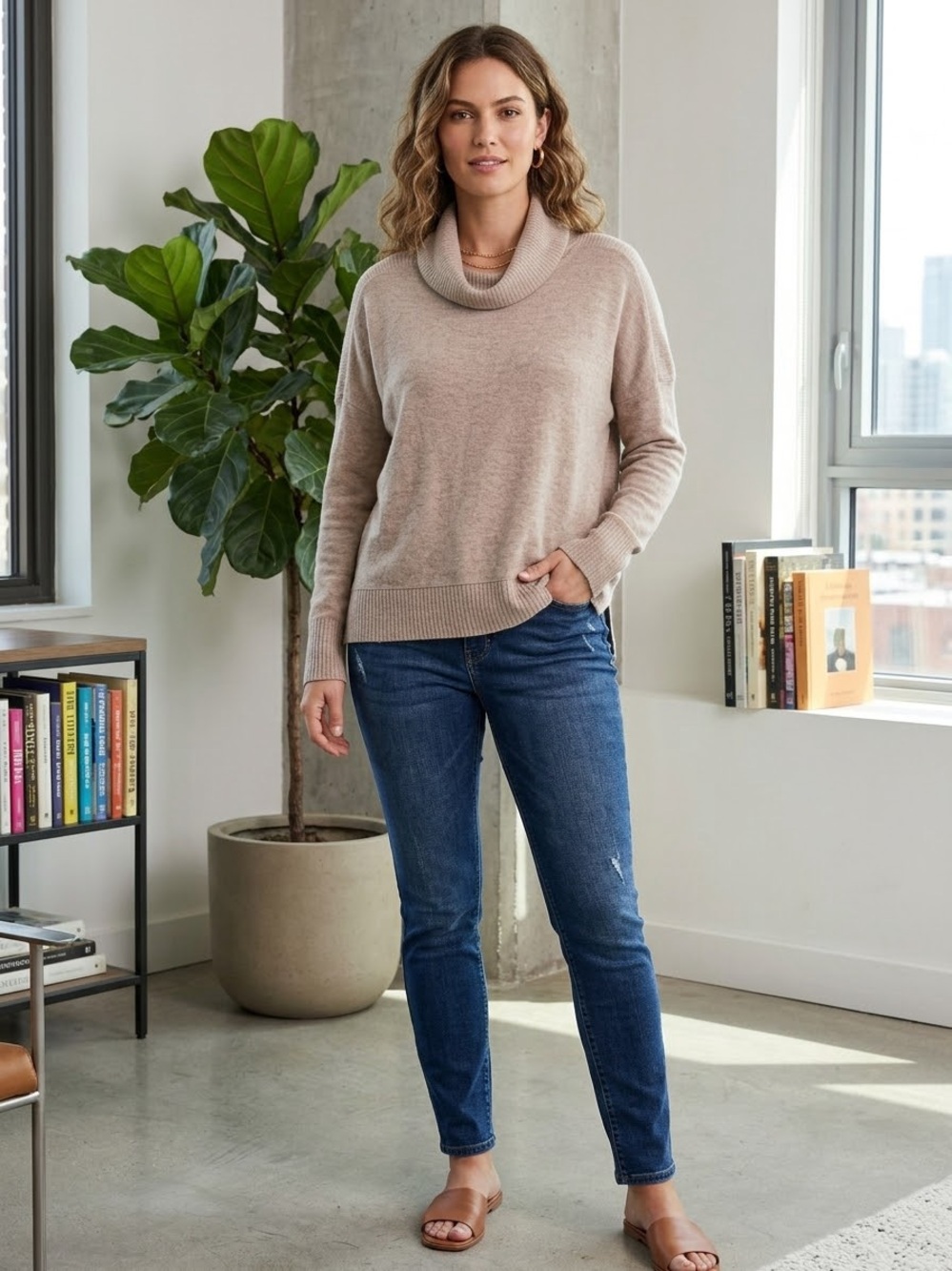 Simply Vera Vera Wang Tan Cowl Neck Knit Sweater L